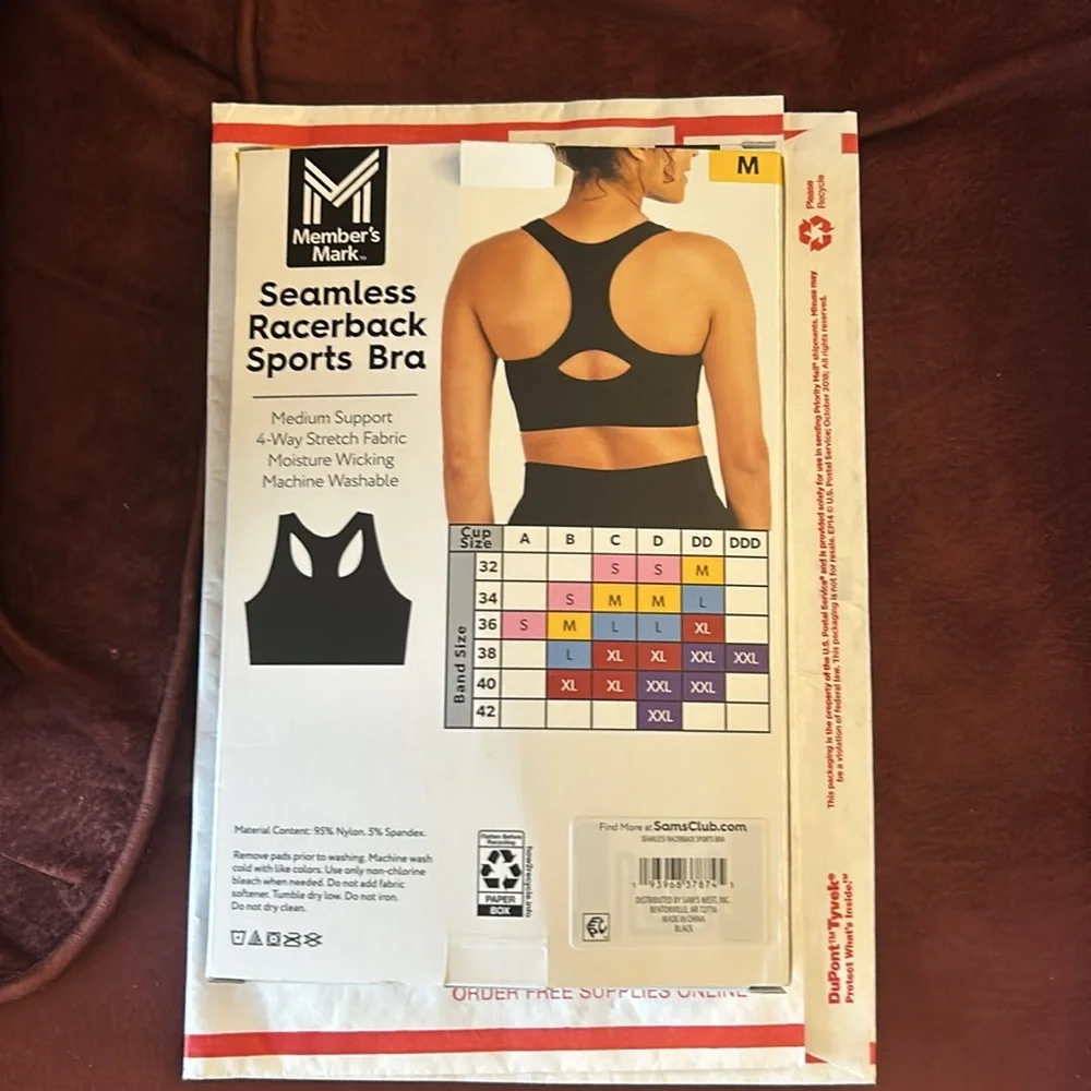 Members Mark Seamless Racerback Sports Bra Size Medium Black Activewear